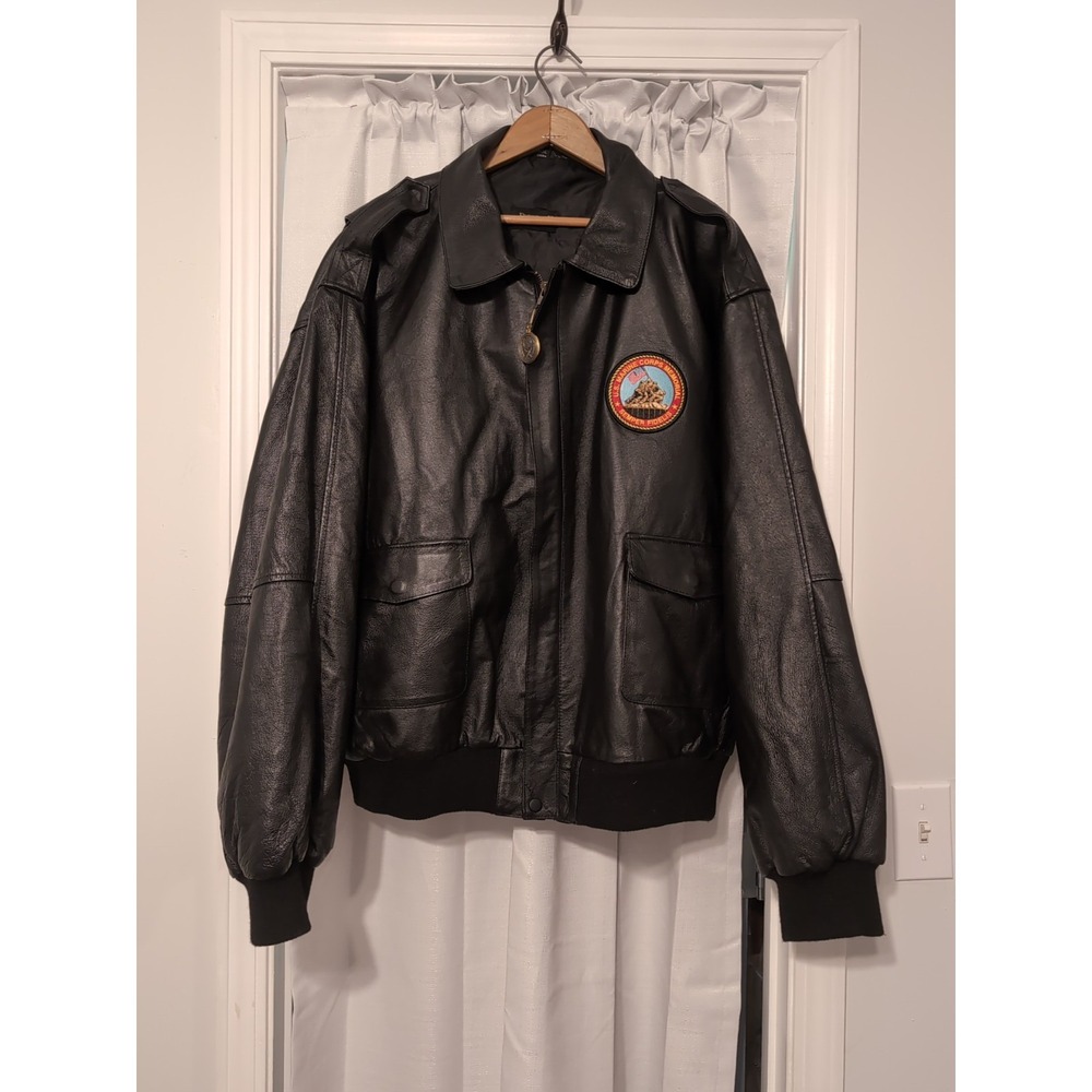 Vintage USMC Burks Bay Leather Jacket Mens 3XL US Marine‎ Corps Black Bomber 90s